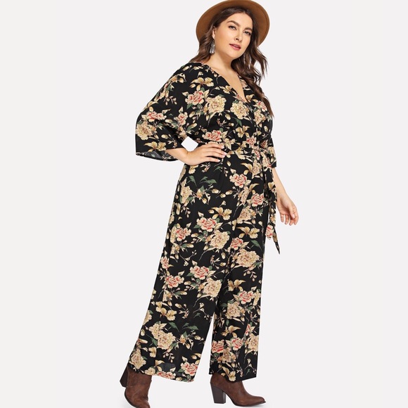 Plus Surplice Neck Wide Leg Botanical Overall - Picture 3 of 7